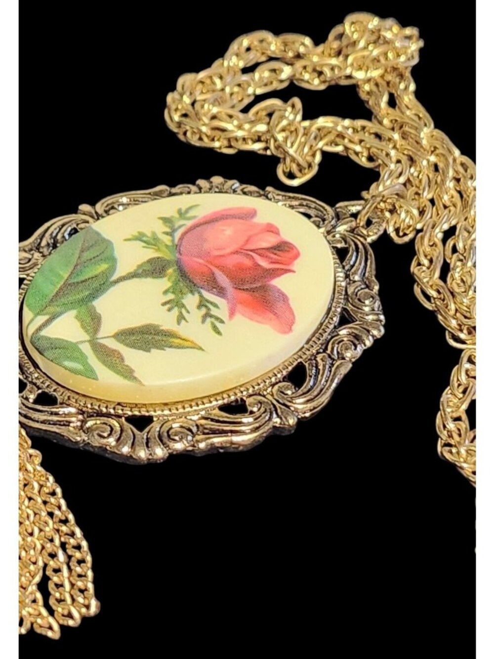 Vintage Victorian Revival Rose Pendant Necklace With Gold-Tone Chain & Tassel Ha - Picture 3 of 8